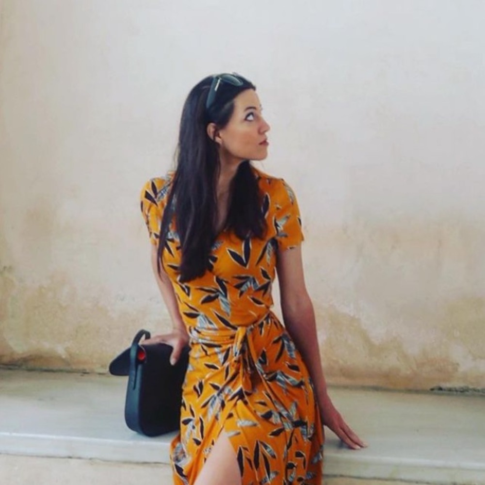 Mango yellow floral wrap tie dress XS